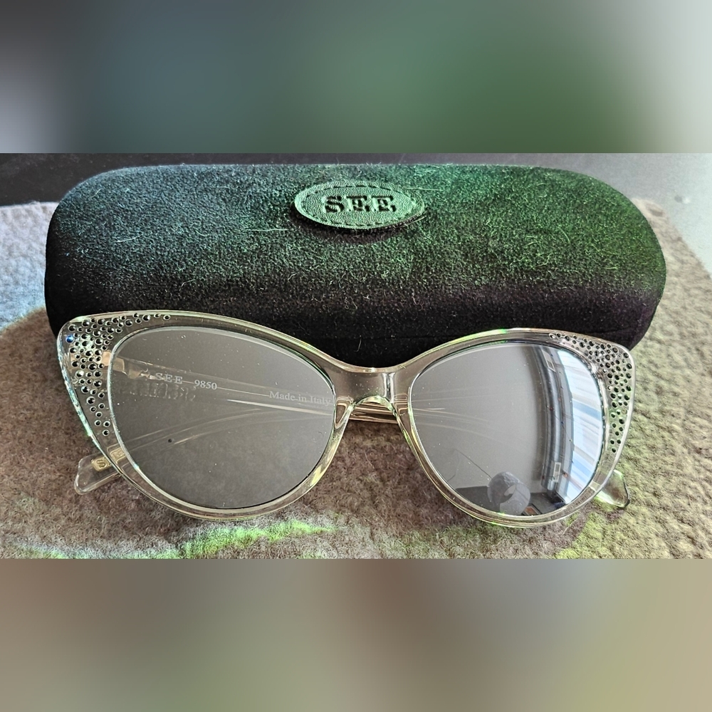 SEE Optical sunglasses clear black rhinestones Rx lenses cat eye